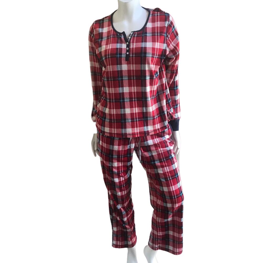 Nautica Red Plaid Fleece Pajama Long Sleeve Top & Bottom Set Women's Size Small